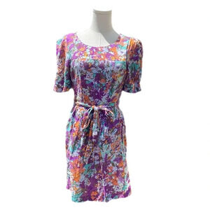 Abstract Floral Mini dress puff sleeves and pockets tie waist
